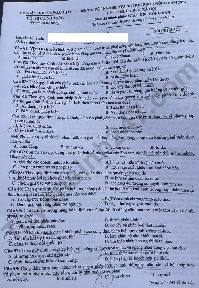de thi tot nghiep thpt 2024 mon giao duc cong dan ma de 321 hinh 1