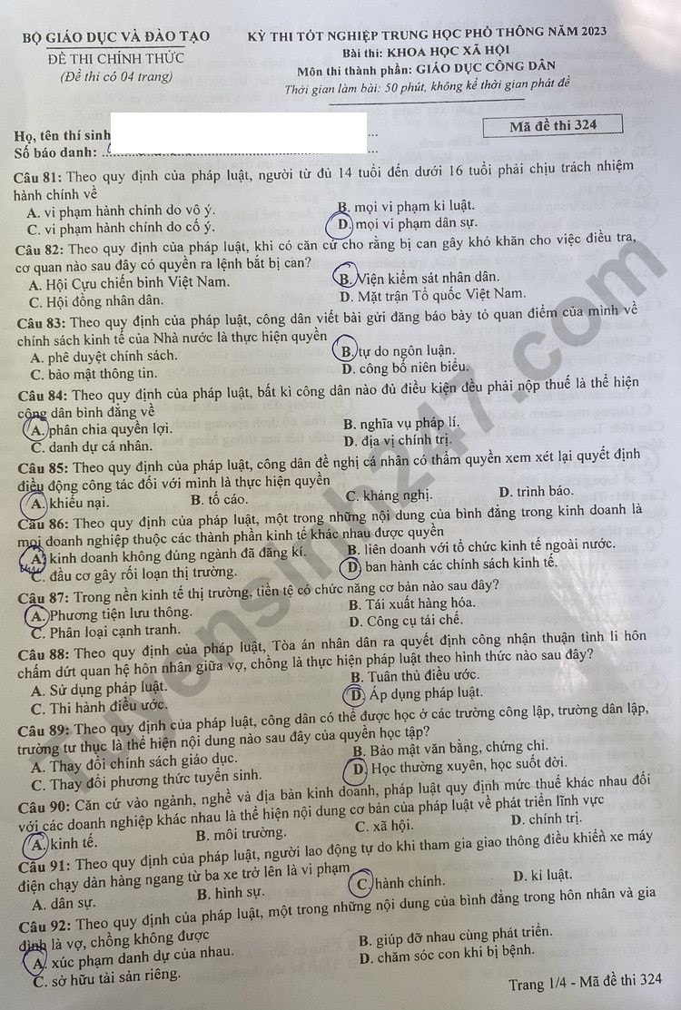 de thi tot nghiep thpt 2024 mon giao duc cong dan ma de 324 hinh 1