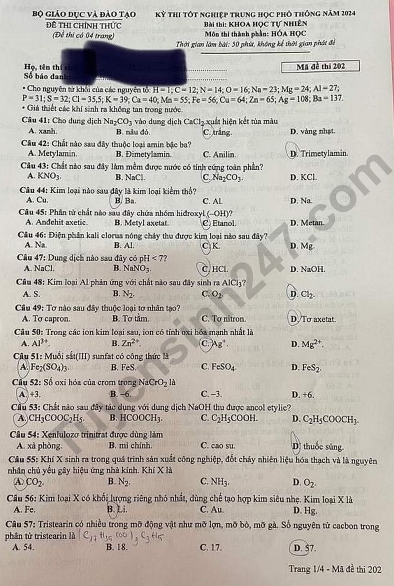 de thi tot nghiep thpt 2024 mon hoa hoc ma de 202 hinh 1
