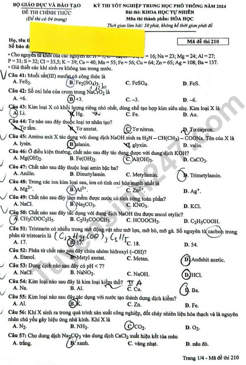 de thi tot nghiep thpt 2024 mon hoa hoc ma de 210 hinh 1