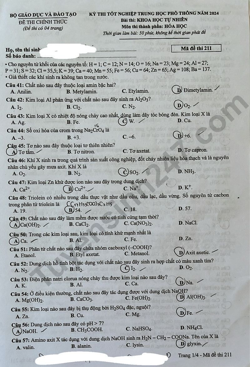 de thi tot nghiep thpt 2024 mon hoa hoc ma de 211 hinh 1