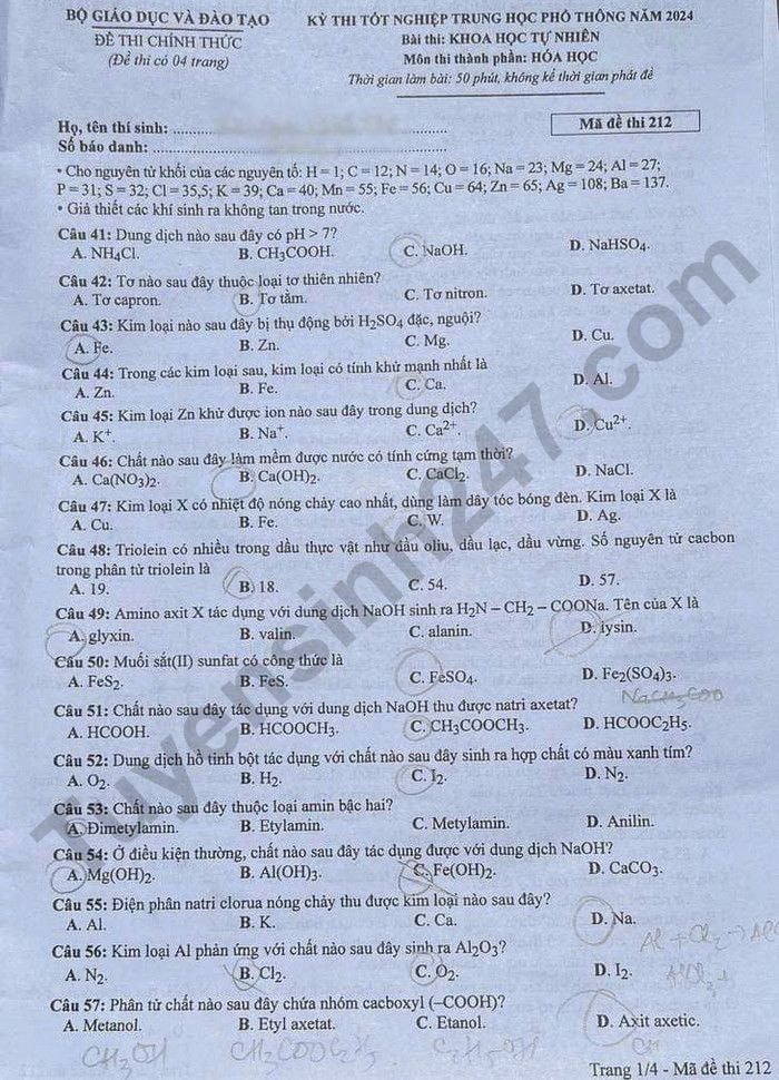 de thi tot nghiep thpt 2024 mon hoa hoc ma de 212 hinh 1