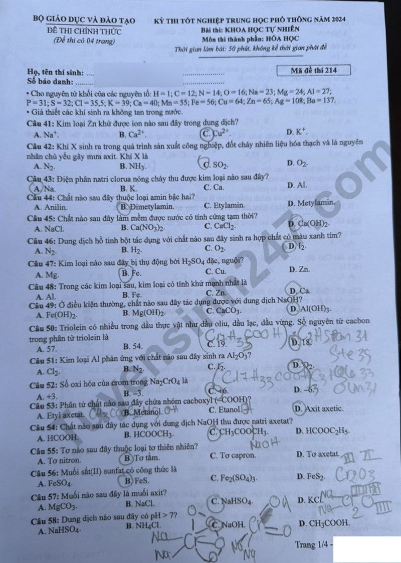 de thi tot nghiep thpt 2024 mon hoa hoc ma de 214 hinh 1