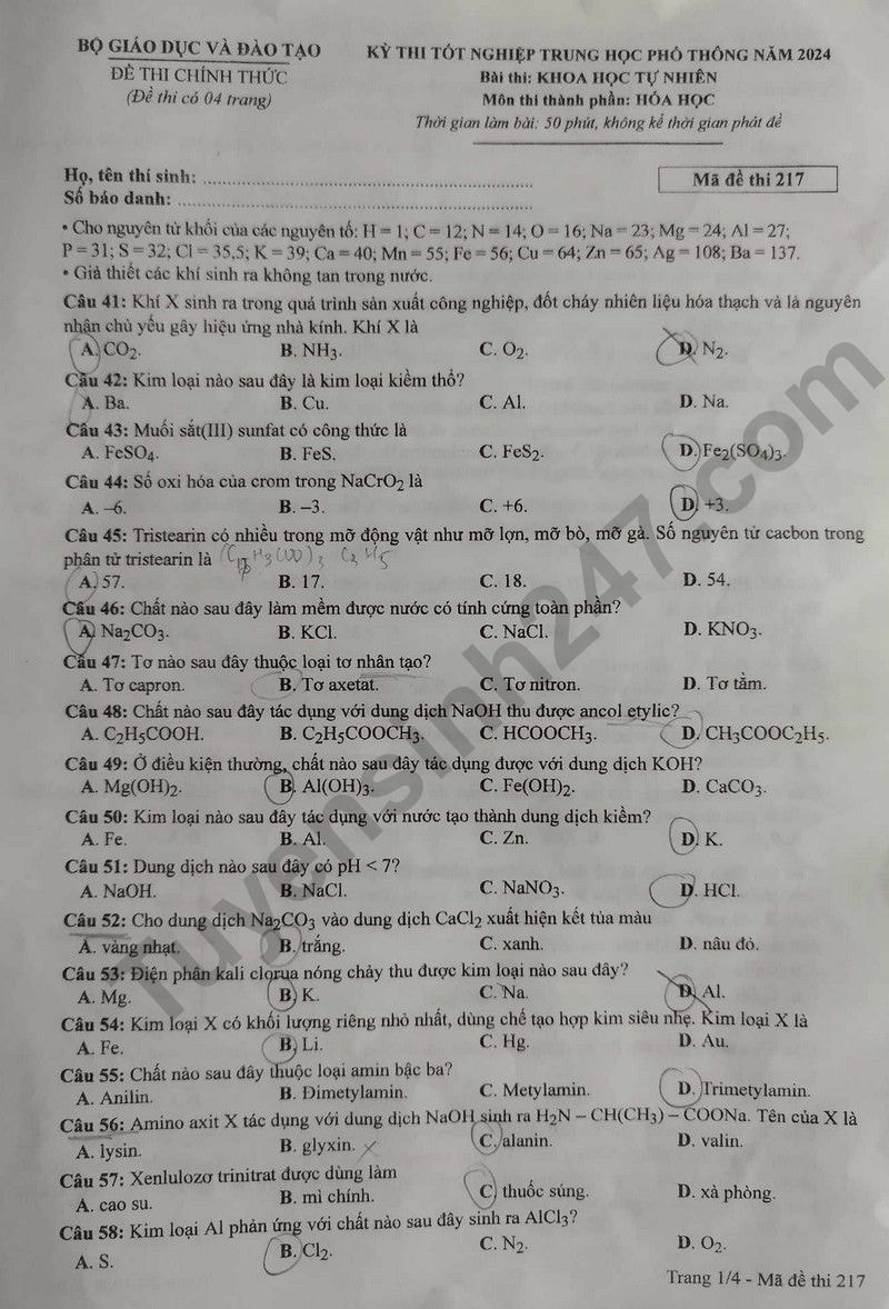 de thi tot nghiep thpt 2024 mon hoa hoc ma de 217 hinh 1