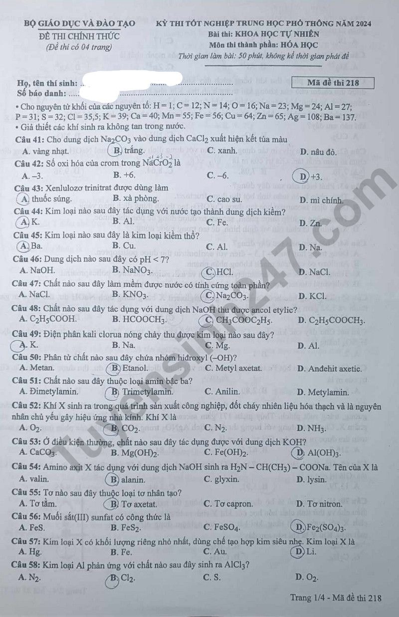 de thi tot nghiep thpt 2024 mon hoa hoc ma de 218 hinh 1