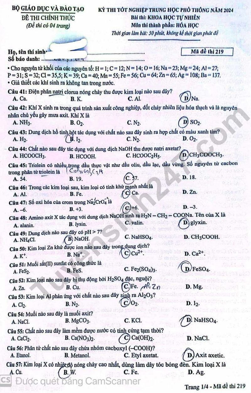 de thi tot nghiep thpt 2024 mon hoa hoc ma de 219 hinh 1