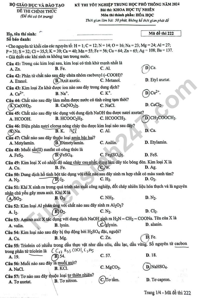 de thi tot nghiep thpt 2024 mon hoa hoc ma de 222 hinh 1