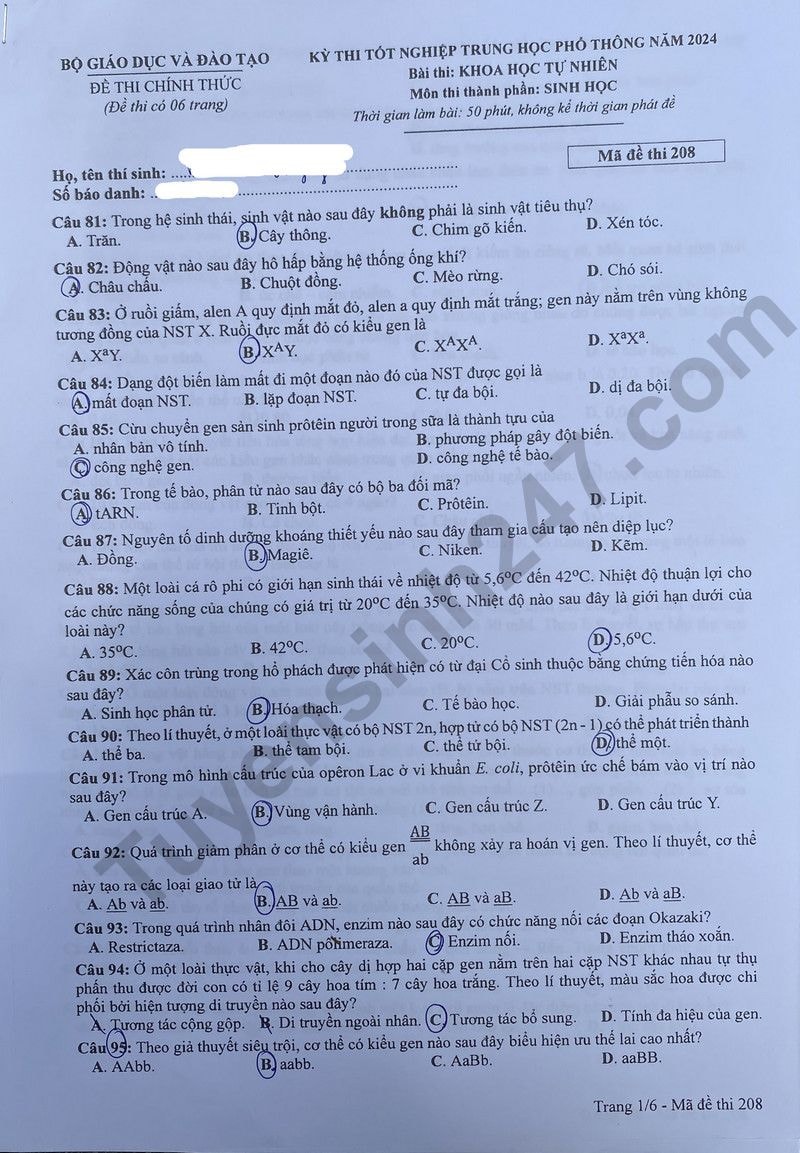 de thi tot nghiep thpt 2024 mon sinh hoc ma de 208 hinh 1