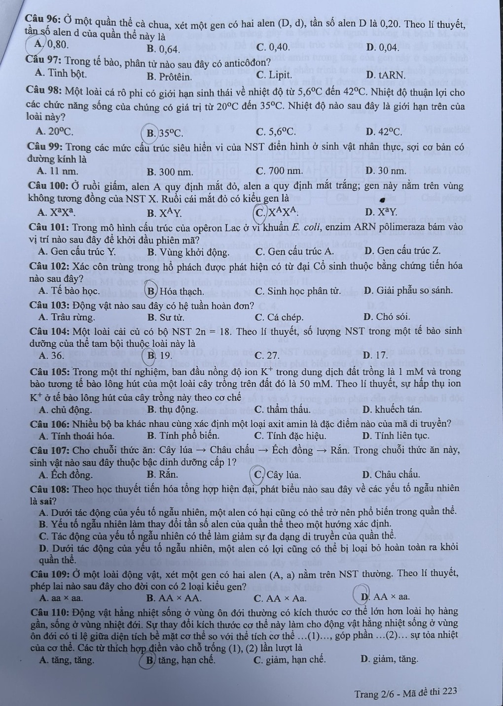 de thi tot nghiep thpt 2024 mon sinh hoc ma de 223 hinh 2