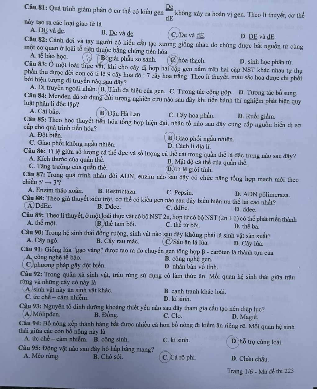 de thi tot nghiep thpt 2024 mon sinh hoc ma de 223 hinh 1