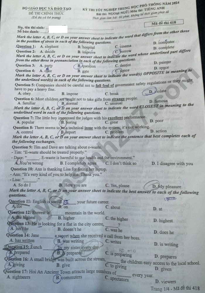 de thi tot nghiep thpt 2024 mon tieng anh ma de 418 hinh 1
