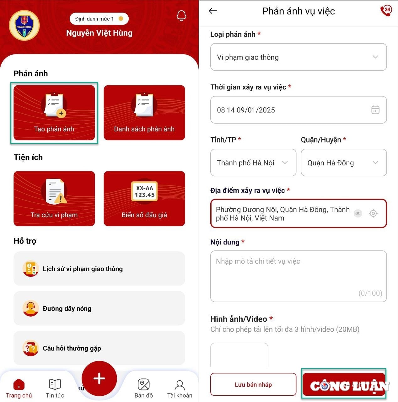 huong dan gui phan anh vi pham giao thong qua ung dung vnetraffic hinh 4