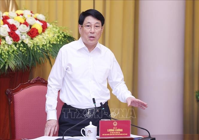 Chủ tịch nước Lương Cường phát biểu chỉ đạo tại buổi làm việc với Tỉnh ủy Hưng Yên và Thái Bình. Ảnh: TTXVN