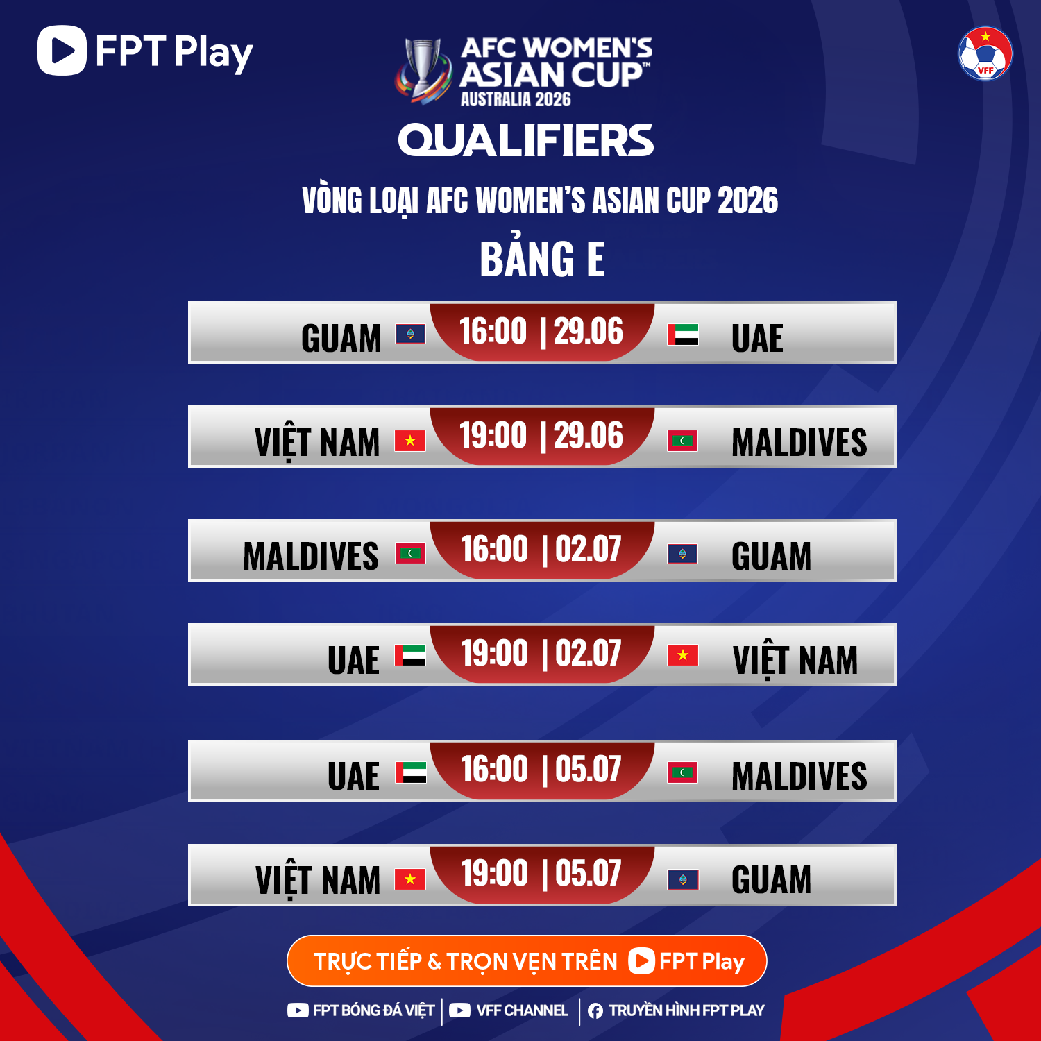 Xem trực tiếp đội tuyển nữ Việt Nam tại vòng loại Asian Cup 2026 trên kênh nào?