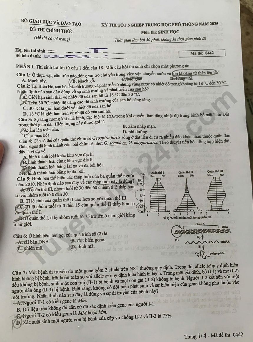 đáp án môn Sinh Học mã đề 04421
