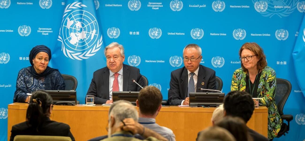 Secretary-General António Guterres (centre left) briefs reporters on the launch of the Sustainable Development Goals Report 2025. With him are Deputy Secretary-General Amina Mohammed (left) and Li Junhua (centre right), Under-Secretary-General for Economic and Social Affairs, and Bjørg Sandkjær, Assistant Secretary-General for Policy Coordination in the Department of Economic and Social Affairs.