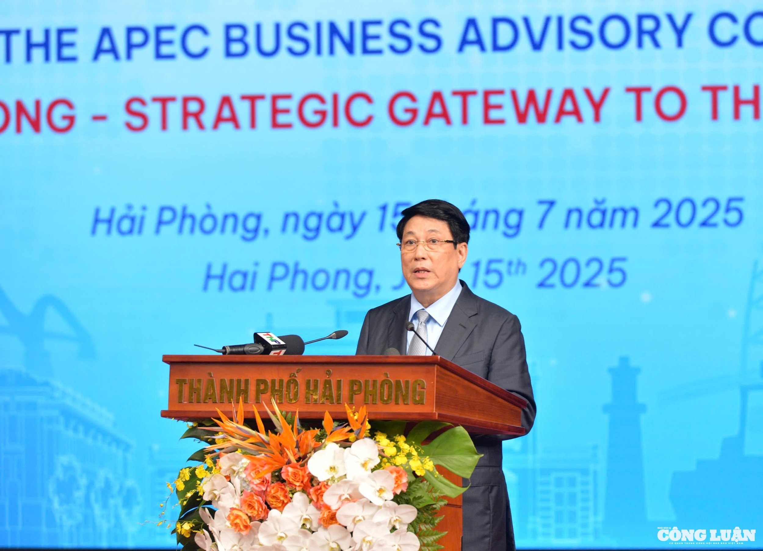 Đồng chí Lương Cường, Uỷ viên Bộ Chính trị, Chủ tịch nước phát biểu chỉ đạo Hội nghị xúc tiến đầu tư thành phố Hải Phòng tại Kỳ họp thứ 3-2025 Hội đồng tư vấn kinh doanh APEC.