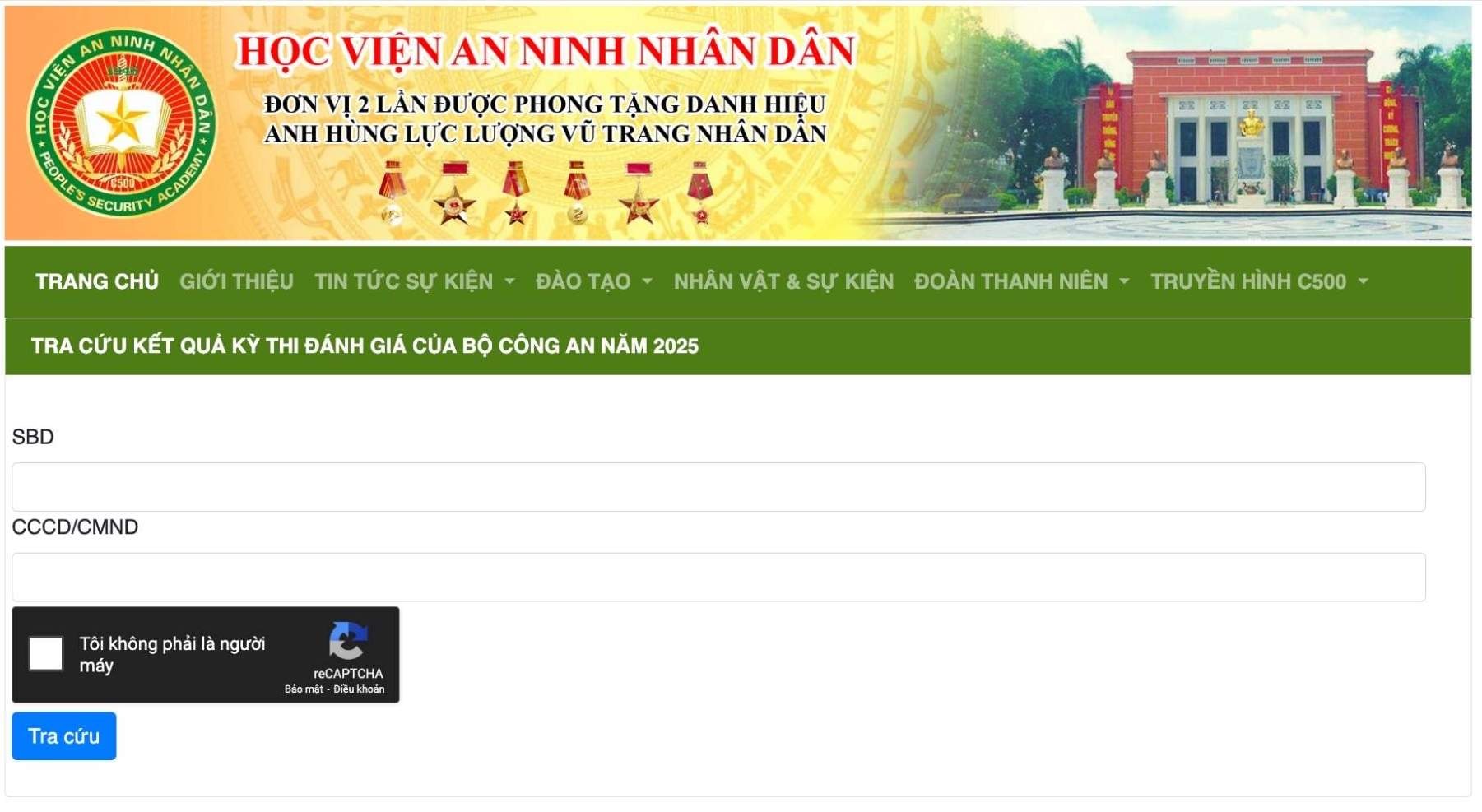 Giao diện website tra cứu kết quả điểm thi bài thi đánh giá của Bộ Công an năm 2025 đối với thí sinh dự thi tại Hội đồng thi Học viện An ninh nhân dân.