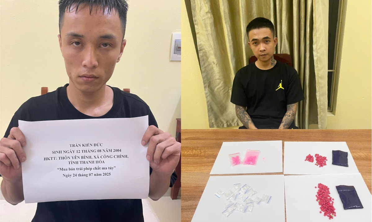 Các đối tượng Trần Kiến Đức, Lê Ngọc Huy cùng tang vật vụ án