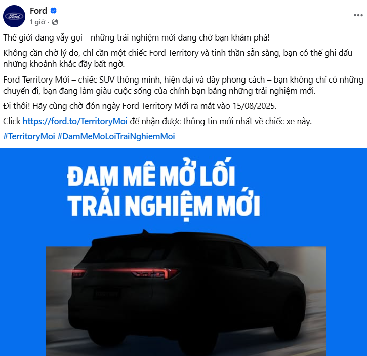 Thông tin về sự kiện ra mắt mẫu xe Territory 2025 trên fanpage của Ford Việt Nam - Ảnh chụp màn hình
