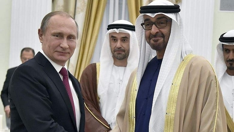 Vladimir Putin with Sheikh Mohamed. Photo: KT file