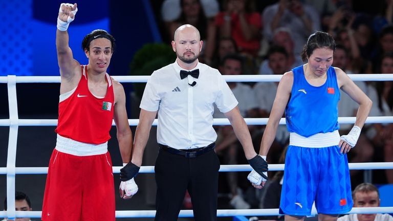 Algeria's Imane Khelif (left) celebrates victory over China's Liu Yang at the 2024 Paris Olympics. Pic: PA