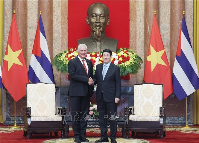 Chủ tịch nước Lương Cường hội kiến Bí thư thứ Nhất Đảng Cộng sản Cuba, Chủ tịch nước Cuba Miguel Díaz-Canel Bermúdez. Ảnh: Lâm Khánh/TTXVN