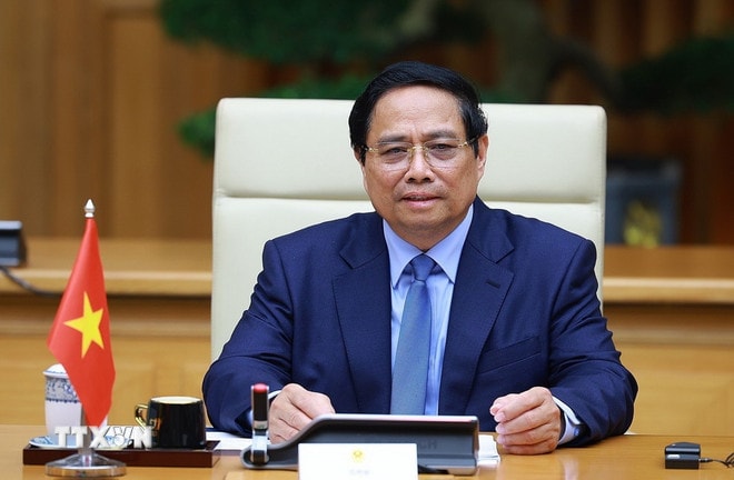 Thủ tướng Phạm Minh Chính phát biểu tại cuộc hội kiến Ủy viên trưởng Nhân đại Toàn quốc Trung Quốc Triệu Lạc Tế. (Ảnh: Dương Giang/TTXVN) ttxvn-0209-thu-tuong-tiep-uy-vien-truong-nhan-dai-trung-quoc-8.jpg