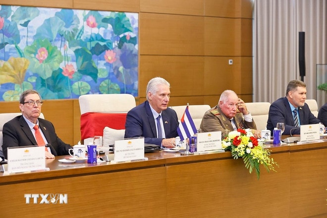 Bí thư thứ nhất Ban Chấp hành Trung ương Đảng Cộng sản Cuba, Chủ tịch nước Cộng hòa Cuba Miguel Díaz-Canel Bermúdez phát biểu. (Ảnh: Doãn Tấn/TTXVN) ttxvn-0209-chu-tich-quoc-hoi-tiep-chu-tich-cuba-1.jpg