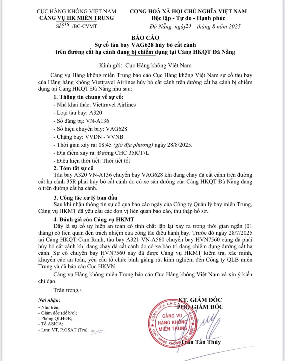 Báo cáo sự cố tàu bay VAG628