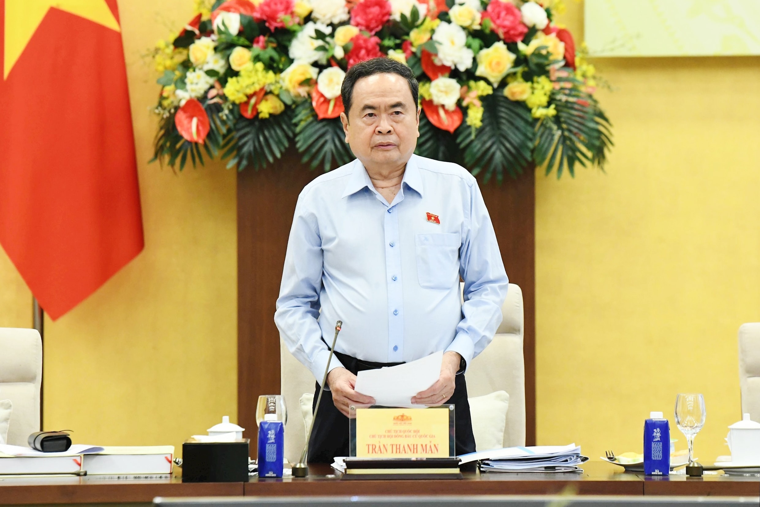 Chủ tịch Quốc hội Trần Thanh Mẫn - Chủ tịch Hội đồng Bầu cử quốc gia phát biểu tại Phiên họp. Ảnh: Lâm Hiển