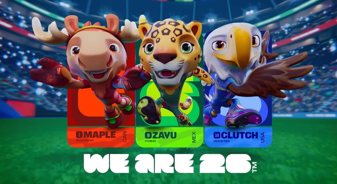 3 linh vật chính thức của World Cup 2026: Clutch, Maple và Zayu. Ảnh: FIFA / Youtube