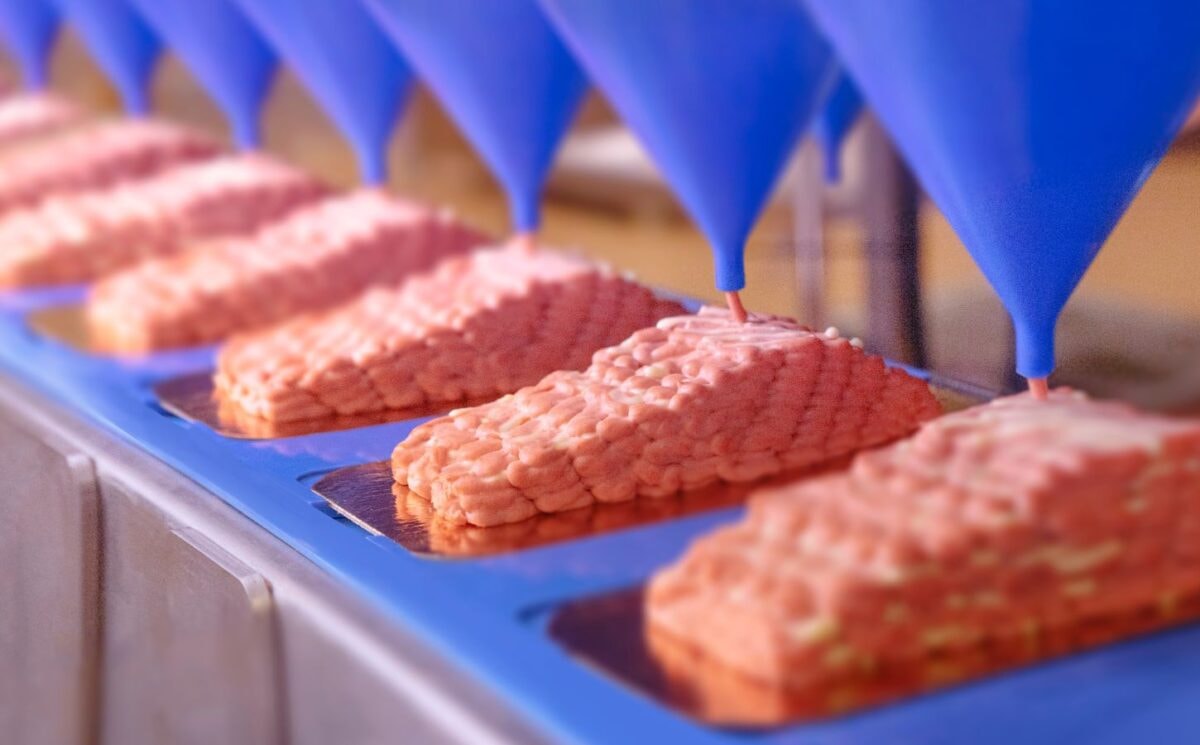 De afbeelding toont het nieuwe zalmfiletproduct met mycoproteïne van Revo Foods, geproduceerd in de nieuwe grootschalige 3D-printfaciliteit van het bedrijf.