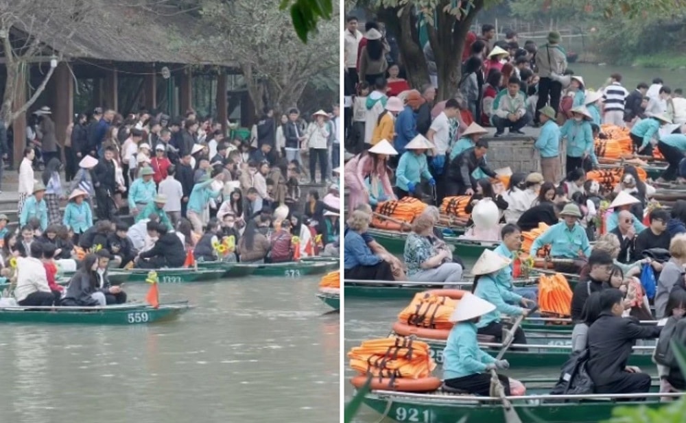 Khách chen chân chờ thuyền tham quan Tràng An.