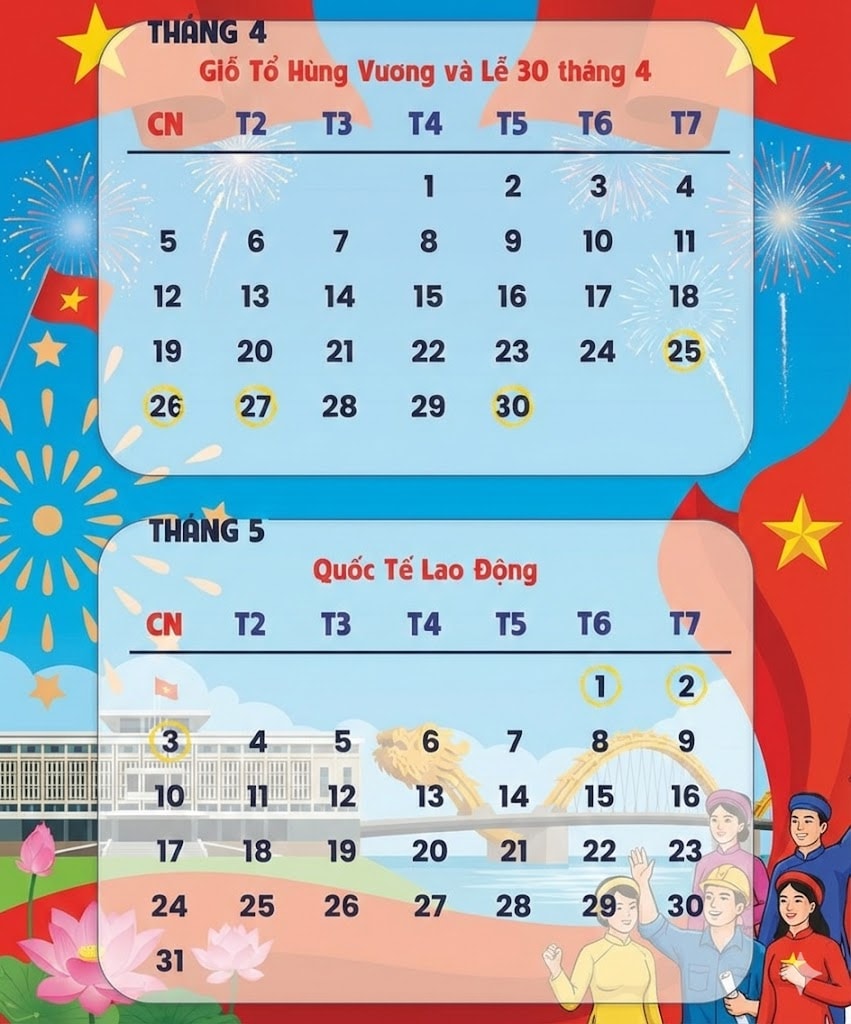 Chi tiết lịch nghỉ lễ Giỗ Tổ Hùng Vương và 30-4 -1-5