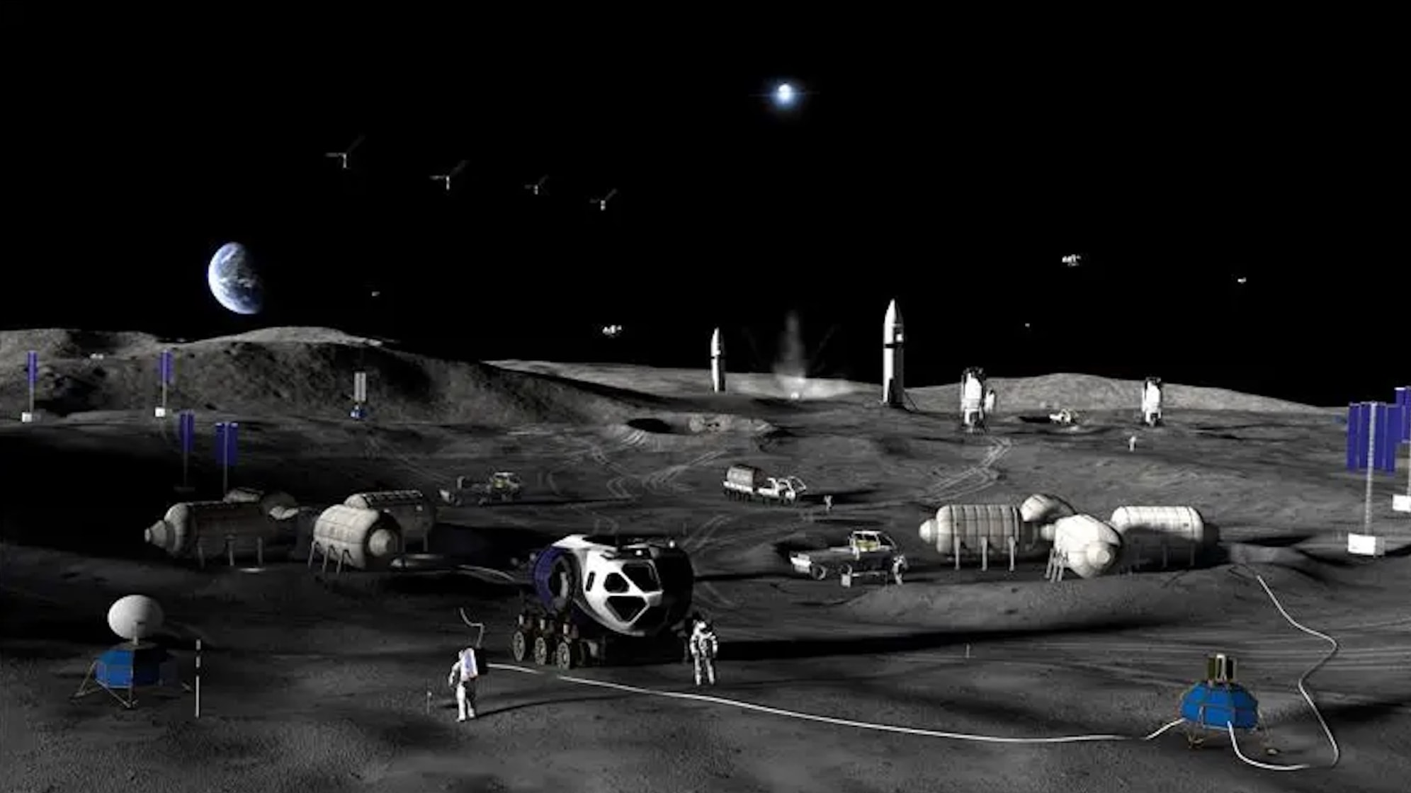 An artist's illustration of a base on the moon.
