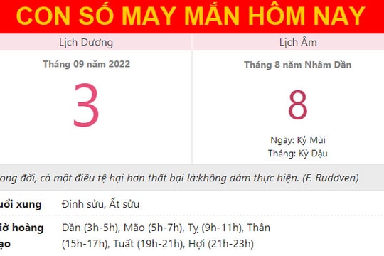 Con số may mắn hôm nay 3/9/2022 thứ 7, ngày 8/8 âm lịch