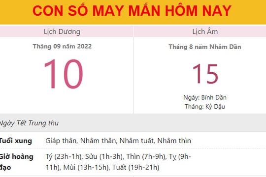 Con số may mắn hôm nay 10/9/2022 thứ 7, ngày 15/8 âm lịch