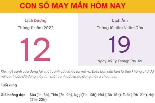 Con số may mắn hôm nay 12/11/2022 thứ 7, ngày 19/10 âm lịch