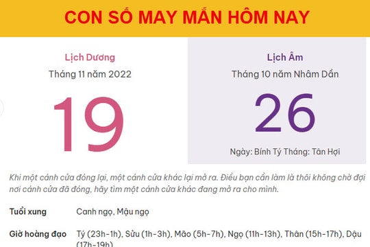 Con số may mắn hôm nay 19/11/2022 thứ 7, ngày 26/10 âm lịch