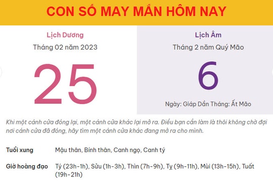 Con số may mắn hôm nay 25/2/2023 thứ 7, ngày 6/2 âm lịch