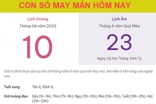 Con số may mắn hôm nay 10/6/2023 thứ 7, ngày 23/4 âm lịch