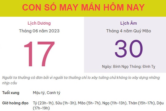 Con số may mắn hôm nay 17/6/2023 thứ 7, ngày 30/4 âm lịch