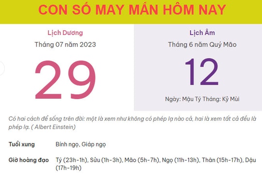 Con số may mắn hôm nay 29/7/2023 thứ 7, ngày 12/6 âm lịch