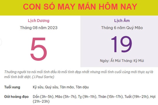 Con số may mắn hôm nay 5/8/2023 thứ 7, ngày 19/6 âm lịch