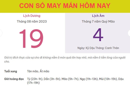Con số may mắn hôm nay 19/8/2023 thứ 7, ngày 4/7 âm lịch