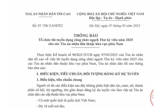 Thông báo thi tuyển công chức ngạch Thư ký viên TAND năm 2025 khu vực phía Nam