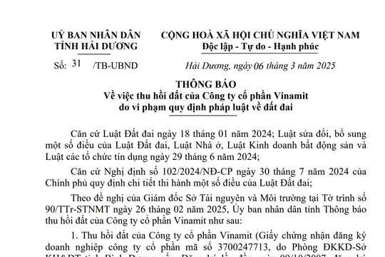 UBND tỉnh Hải Dương thu hồi hơn 34ha đất của 1 doanh nghiệp khi chậm đưa đất vào sử dụng