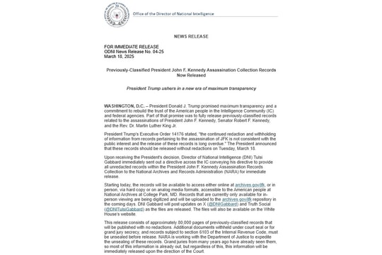 Chi tiết việc Mỹ công bố tài liệu vụ ám sát cựu Tổng thống John Kennedy