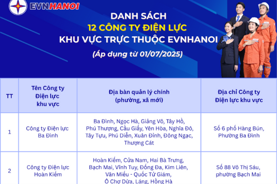 EVNHANOI tổ chức lại mô hình với 12 Công ty Điện lực khu vực